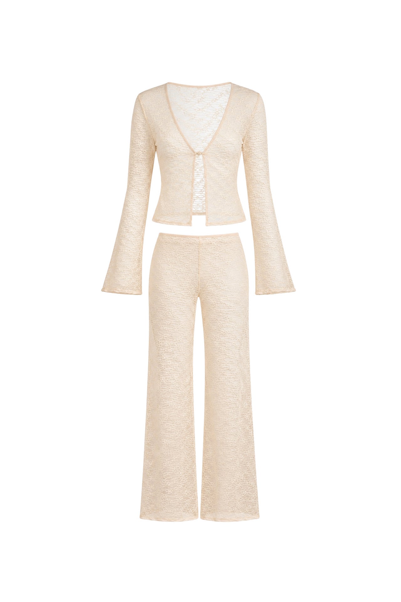 Guipure Detail Flounce Sleeve Blouse High Waist Trousers Double Ecru Transparent Set