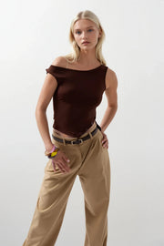 Boat Neck Slit Detail Brown Blouse