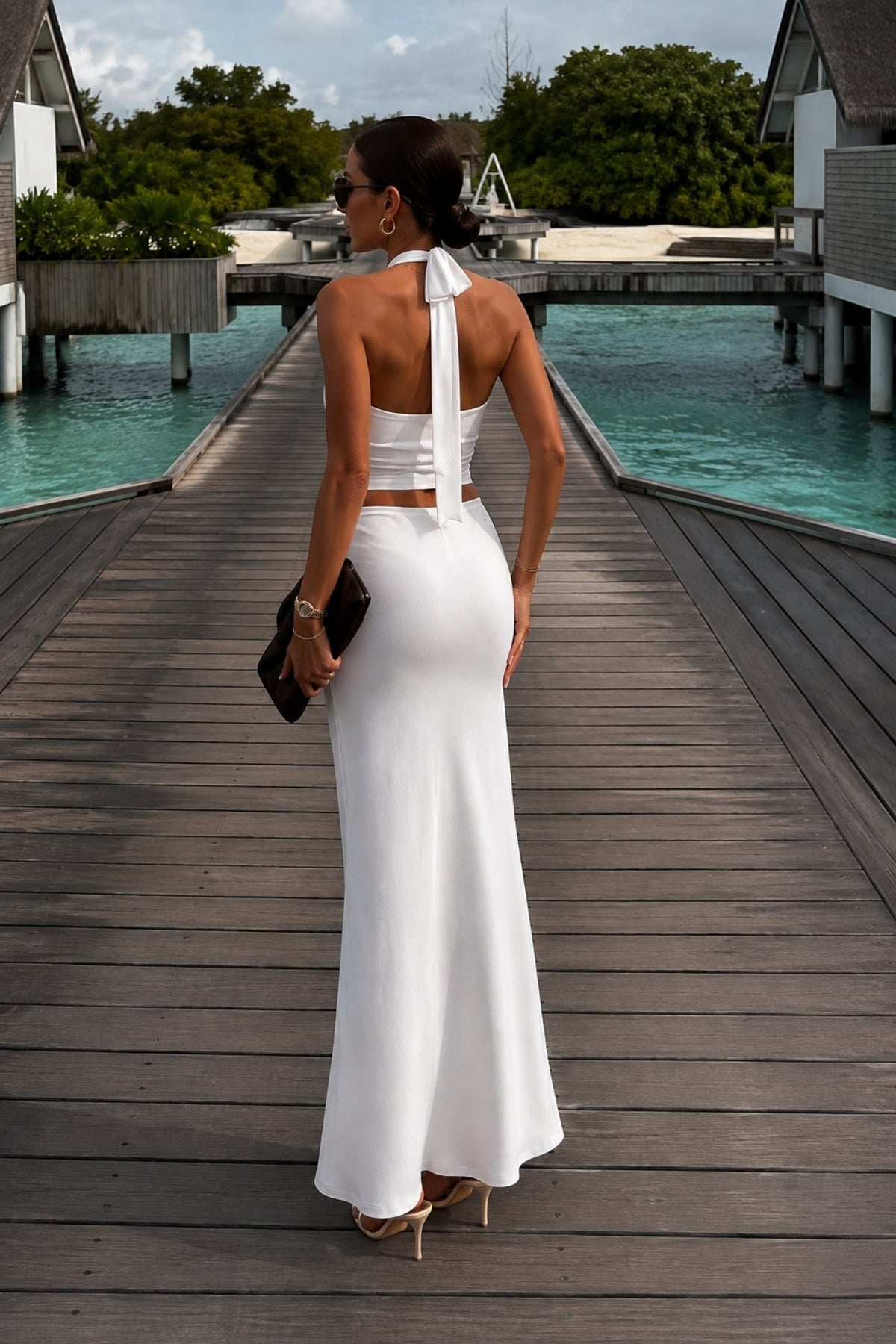 Cowl Neck Blouse Accessory Detail Maxi Skirt Two-Piece White Set