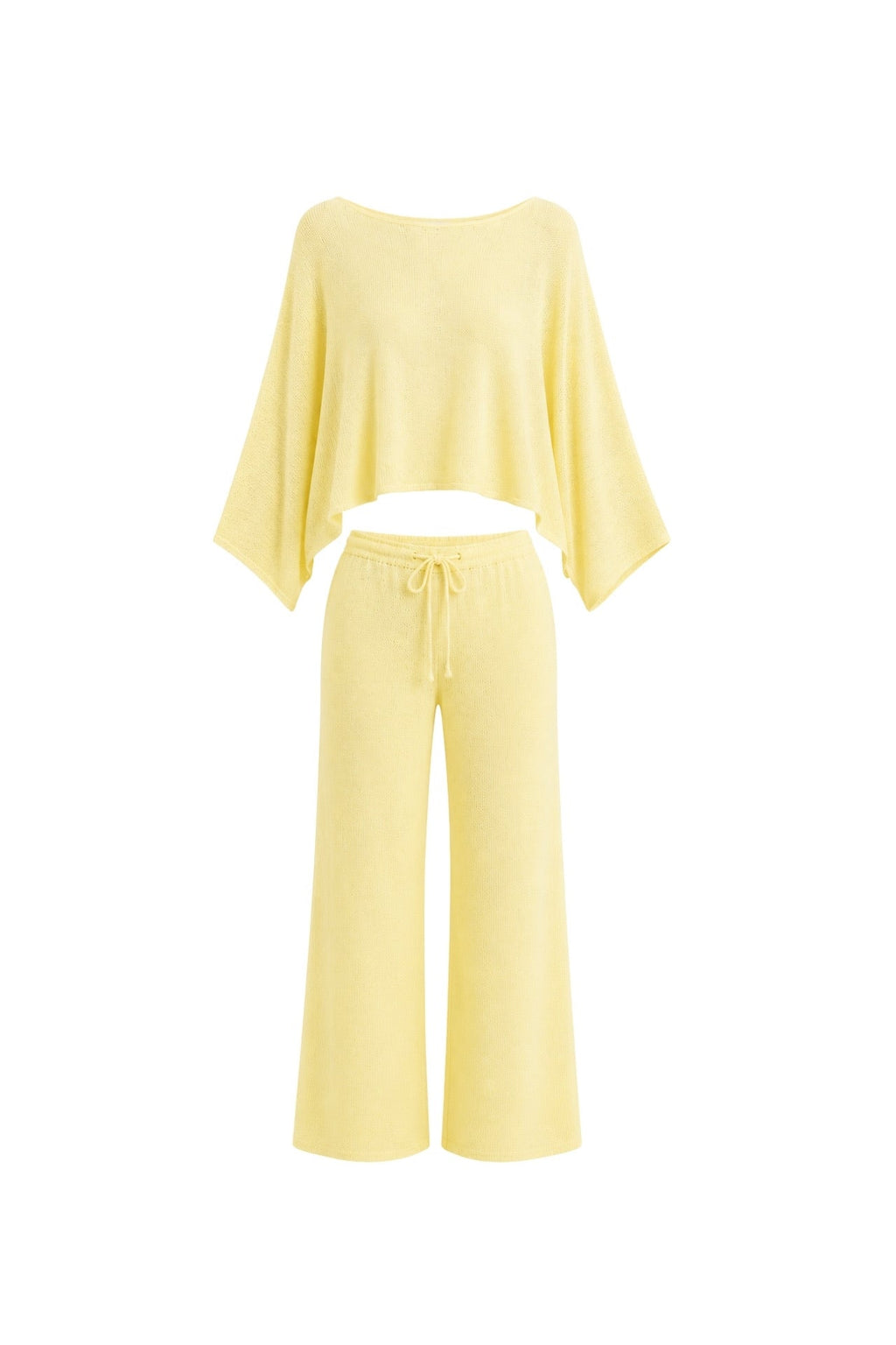 Textured Boat Neck Asymmetrical Blouse and Pants Yellow Two-Piece Set