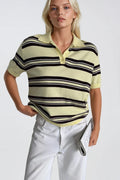 Striped Polo Collar Yellow Knit Blouse