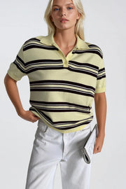 Striped Polo Neck Yellow Knit Blouse