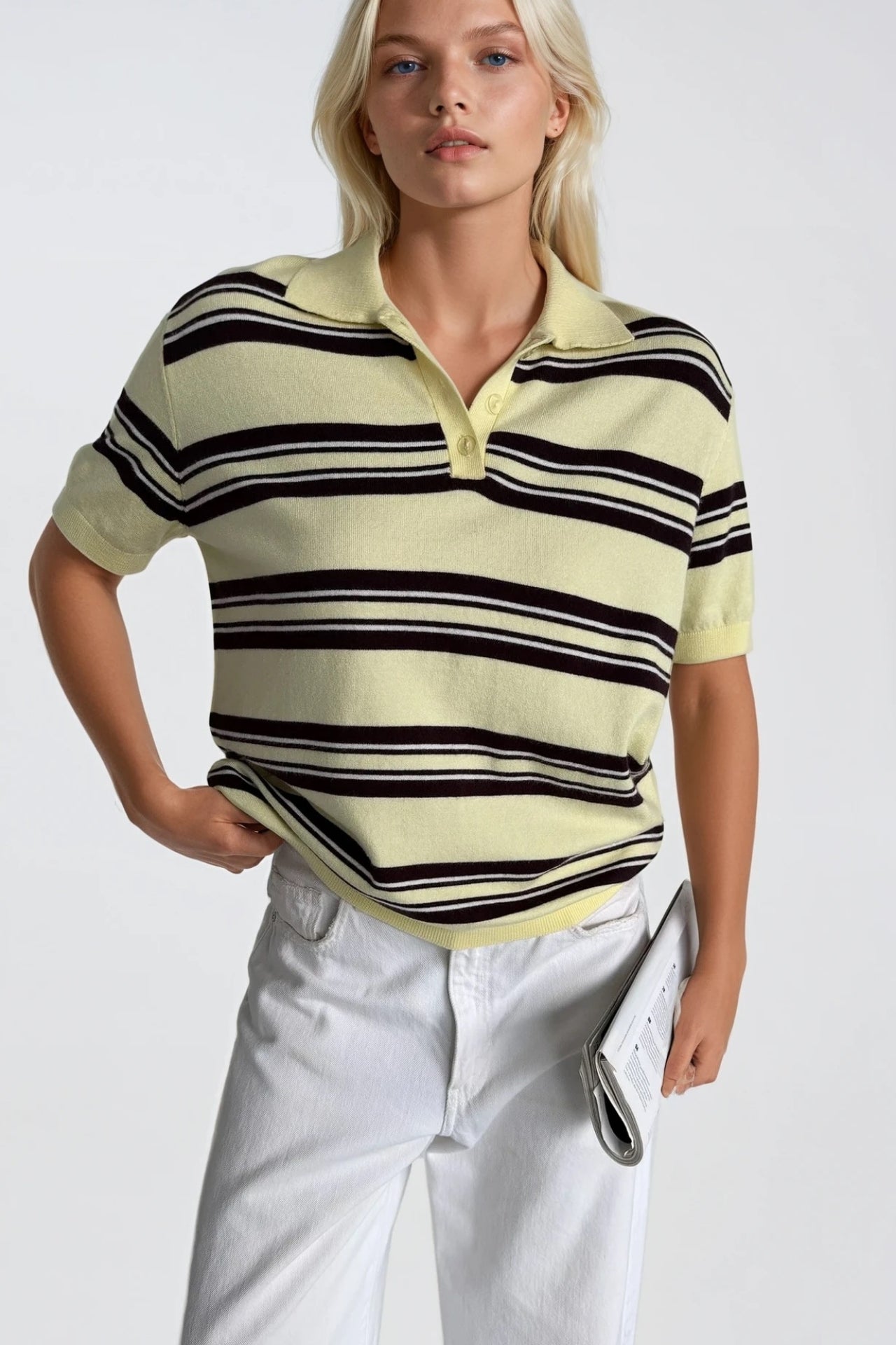 Striped Polo Collar Yellow Knit Blouse