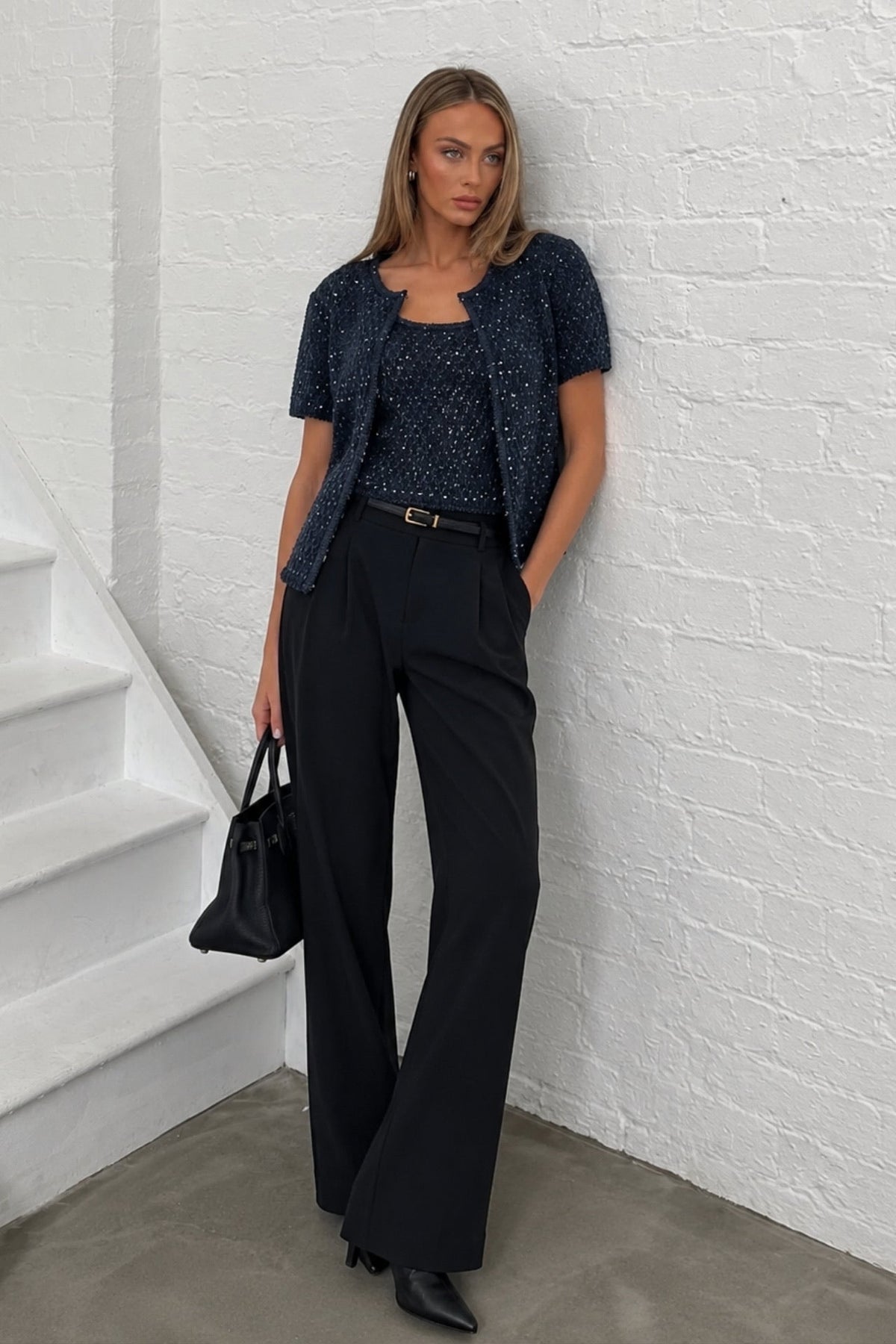 Shimmering Sleeveless Petek Pattern Blouse Cardigan Two-Piece Navy Set