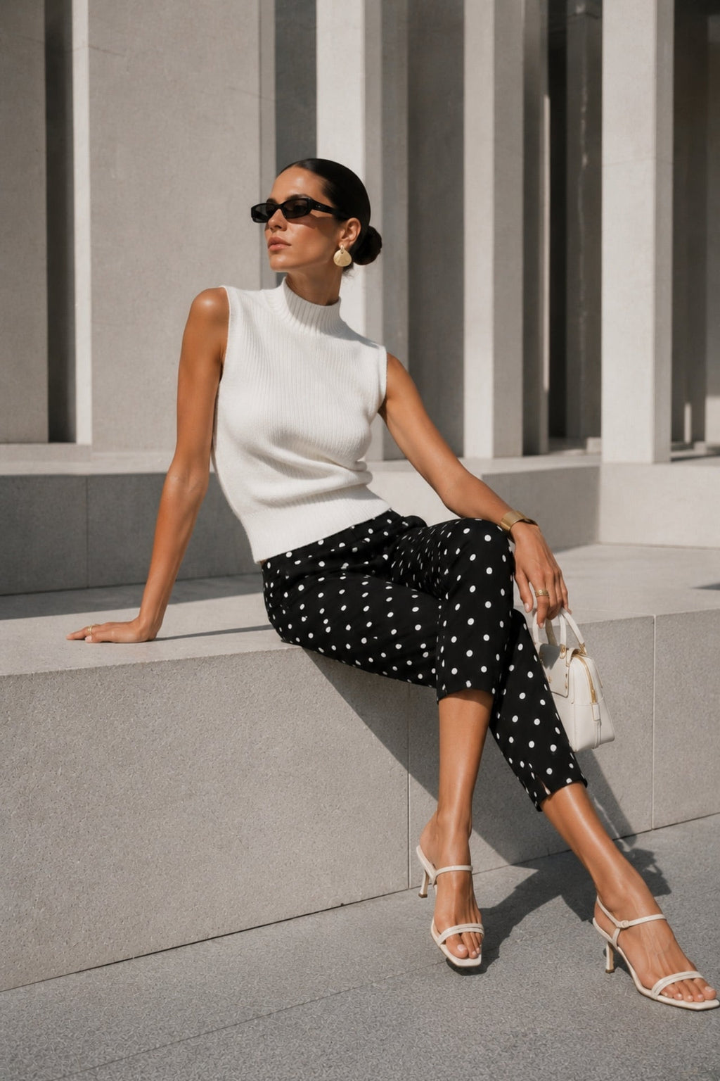 Puantiye Pattern Black Kapri Trousers