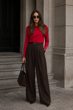 Button Detail Crew Neck Red Blouse
