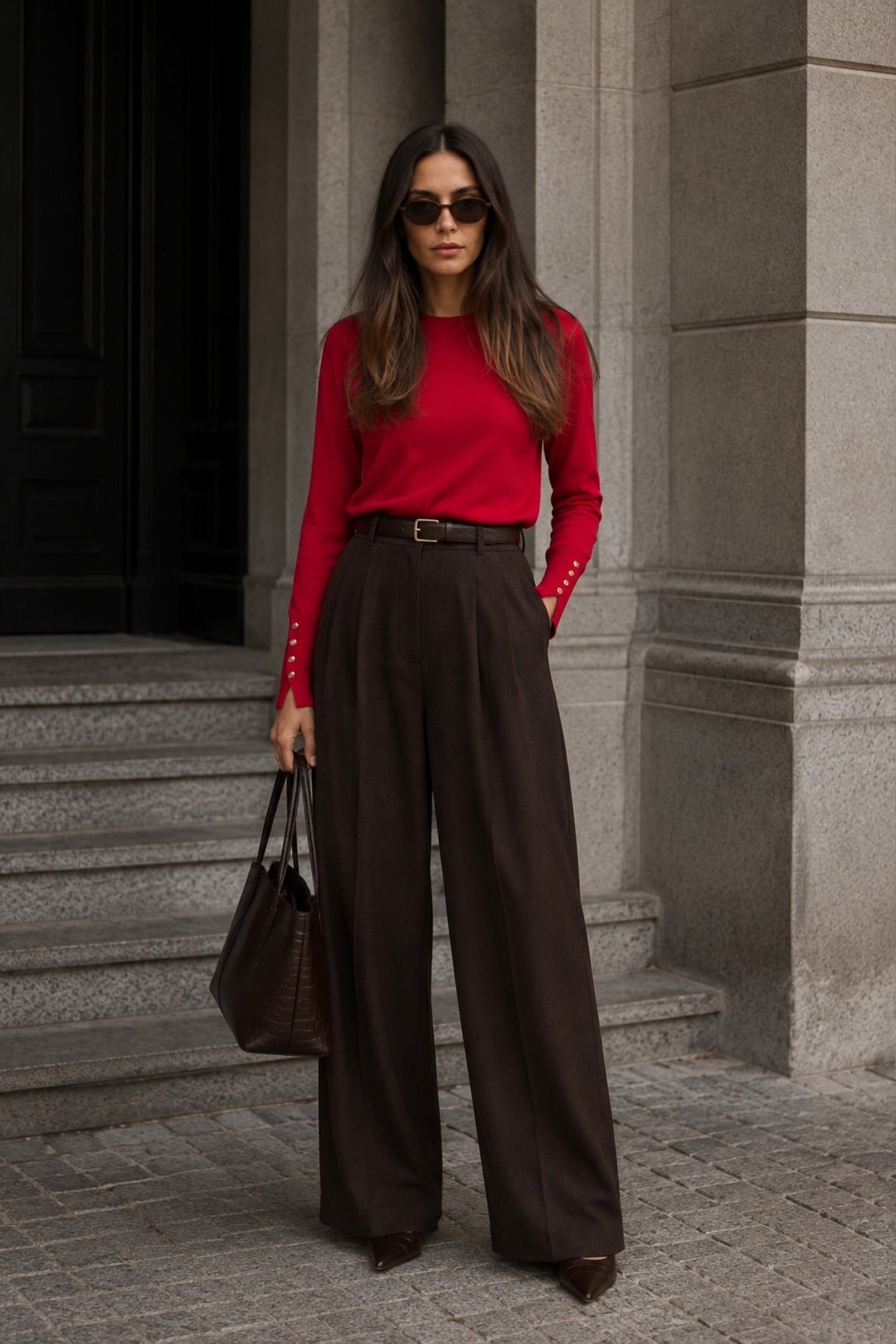 Button Detail Crew Neck Red Blouse