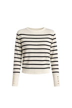 Striped Crew Neck Button Detail White Knit Blouse