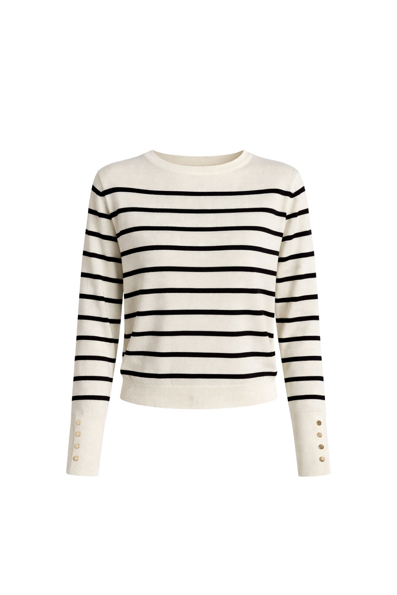Striped Crew Neck Button Detail White Knit Blouse