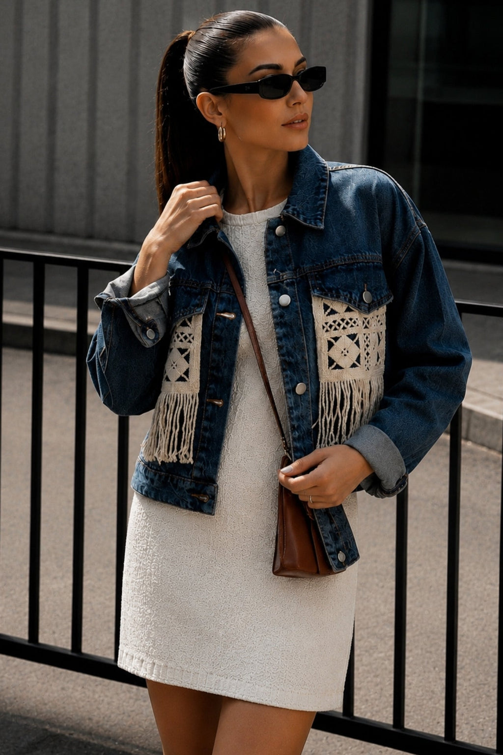 Fringe Detail Basic Dark Blue Denim Jacket