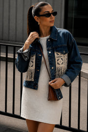 Fringe Detail Basic Dark Blue Denim Jacket