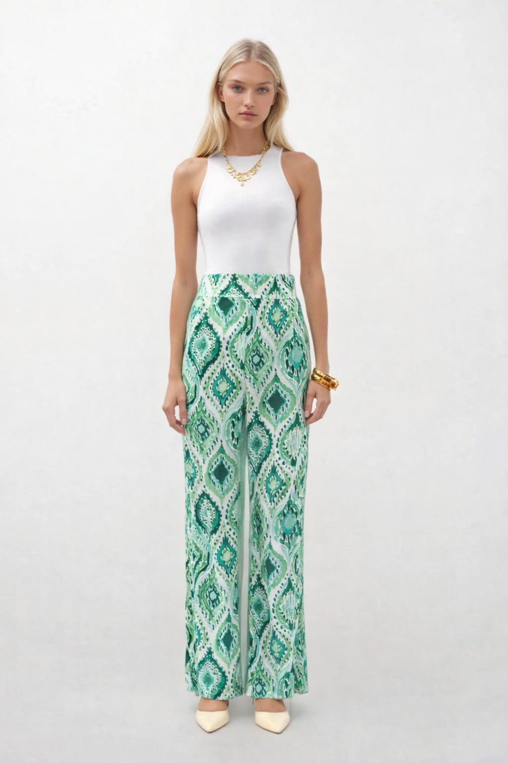 Patterned Satin Green Pants