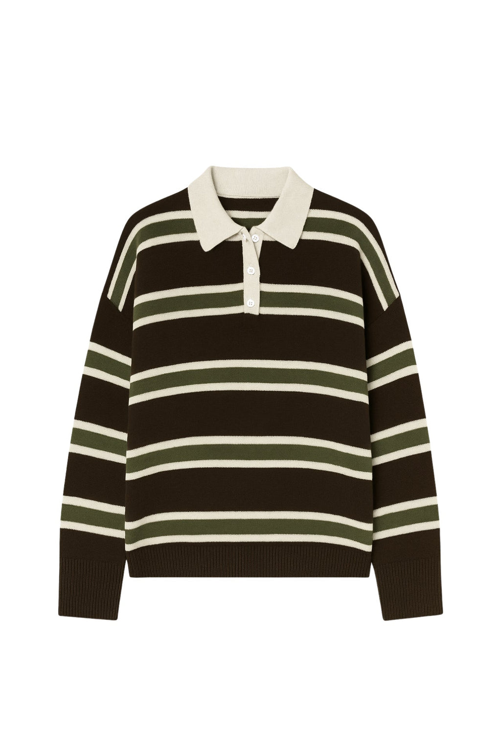 Striped Buttoned Polo Collar Brown Knit Blouse