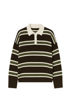 Striped Buttoned Polo Collar Brown Knit Blouse