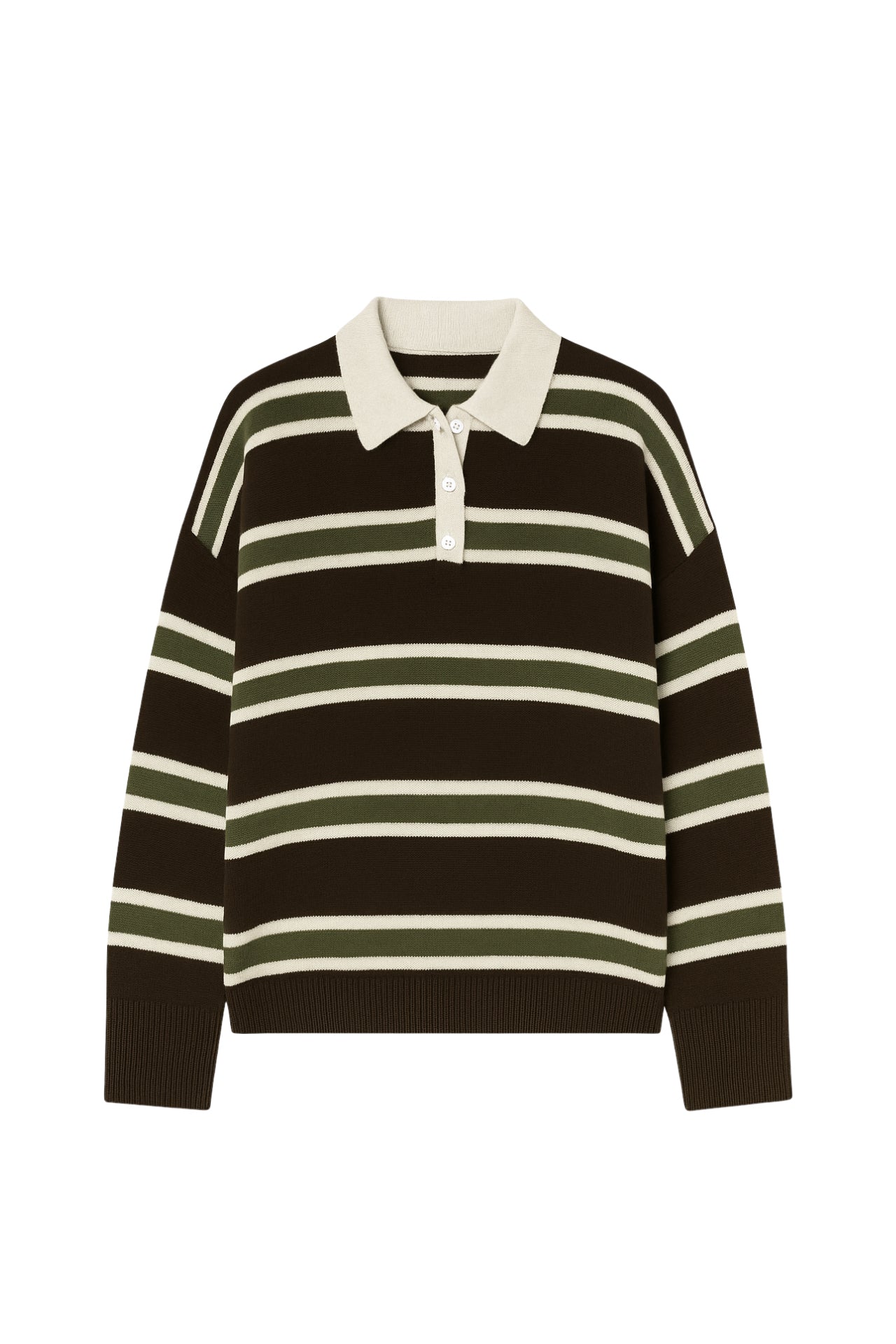 Striped Buttoned Polo Collar Brown Knit Blouse