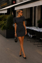 Shoulder Ruched Detail Polka Dot Pattern Black Mini Dress