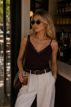 Brown Knitwear Blouse with Lace Detail Straps