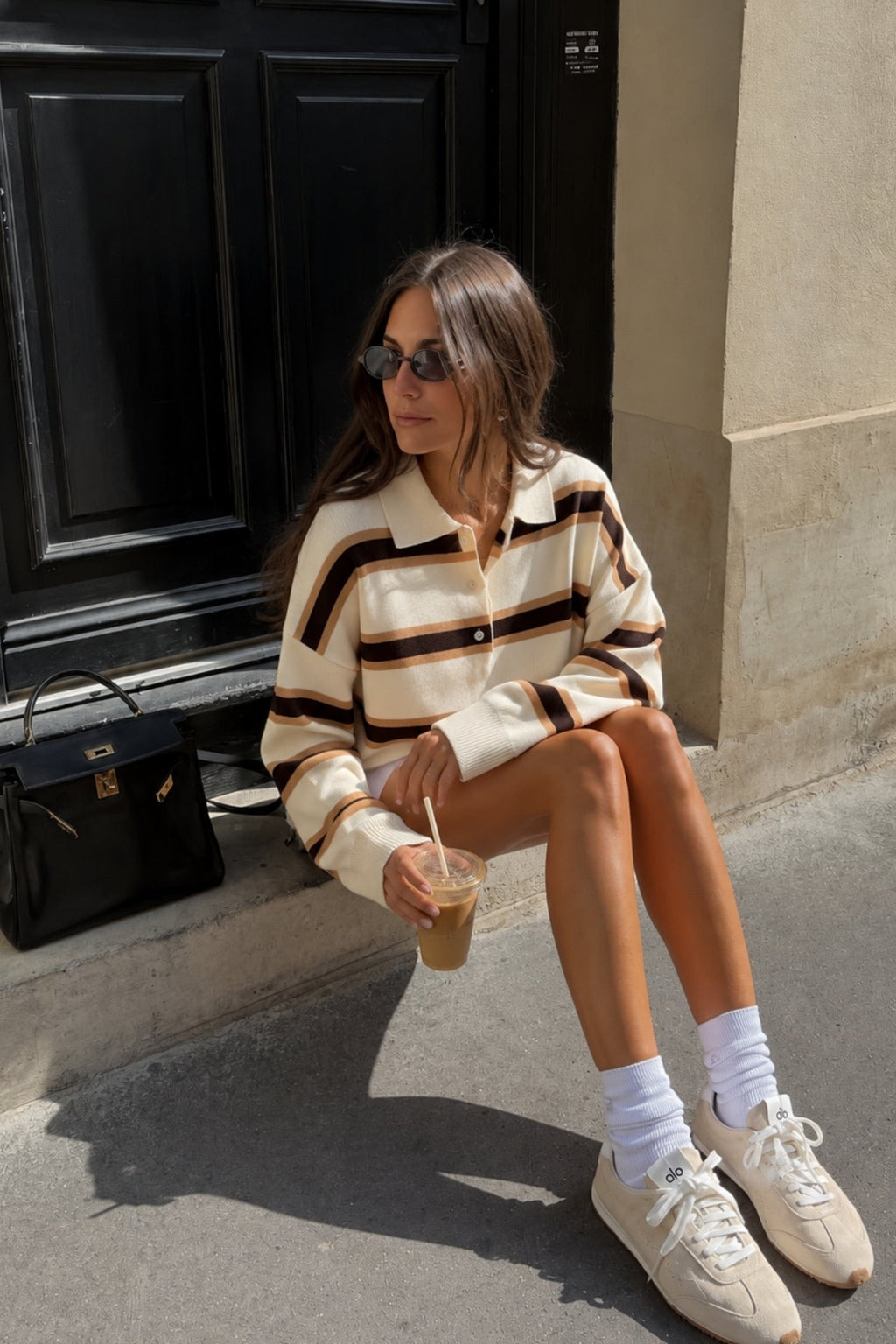 Polo Neck Button Detail Beige Striped Knit Sweater