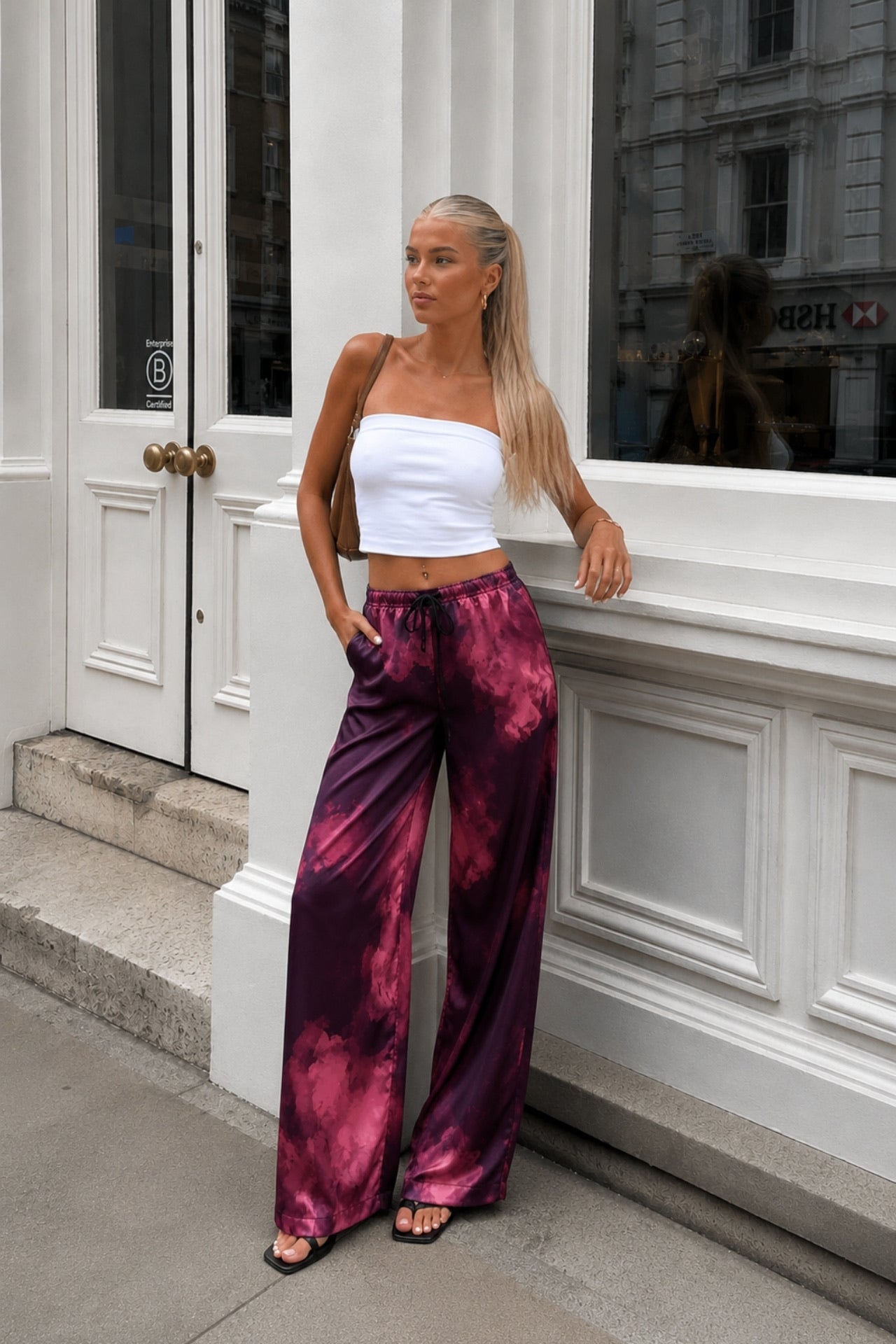 Elastic Waist Patterned Satin Burgundy Pants