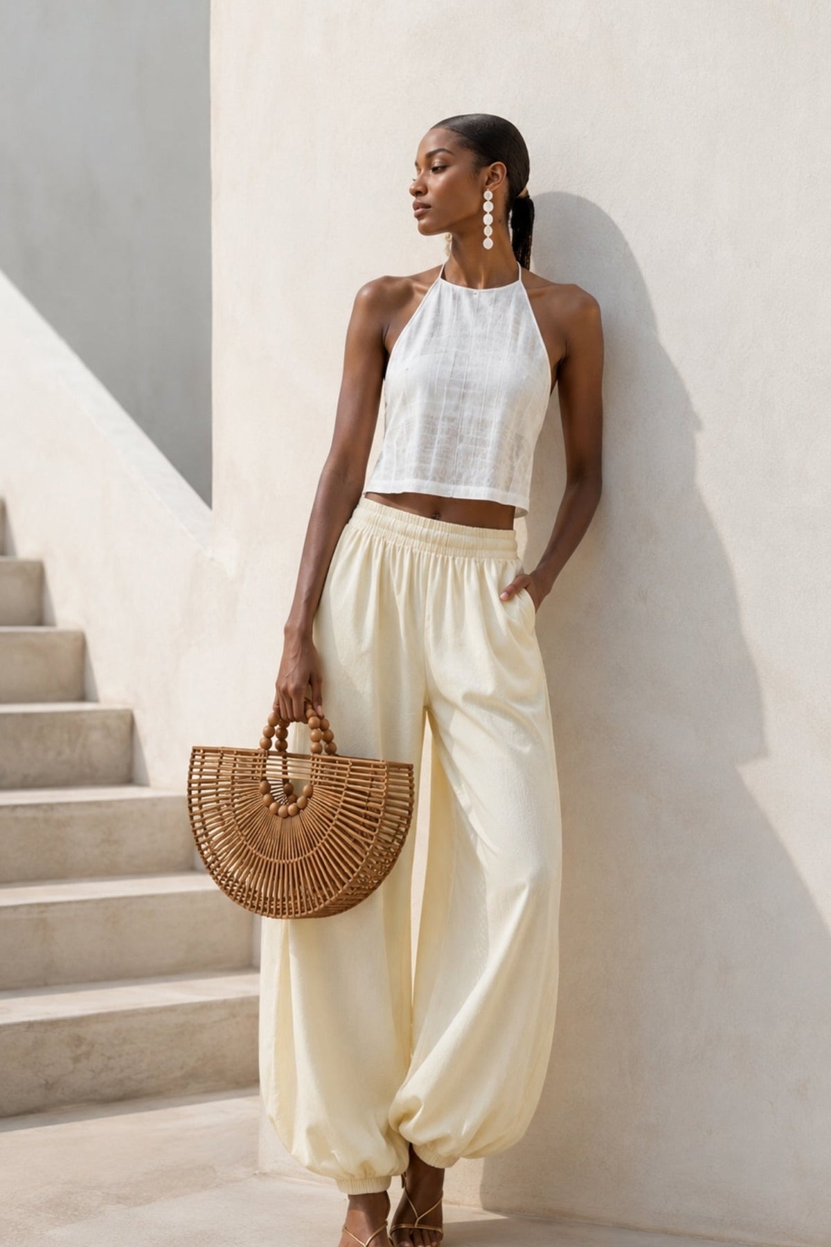 Yellow Modal Balloon Trousers with Elasticated Waist Detail