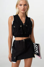 V Neck Buttoned Black Crop Vest