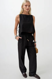 Straight Cut Black Trousers with Tie Waist