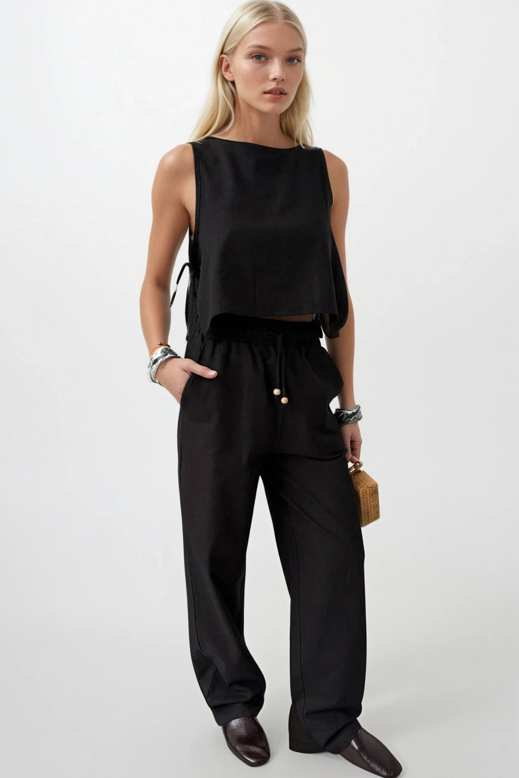 Drawstring Waist Straight Cut Black Pants