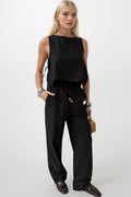 Drawstring Waist Straight Cut Black Pants
