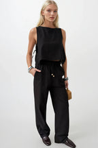 Drawstring Waist Straight Cut Black Pants