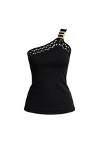 One-Shoulder Open Detail Black Knit Blouse