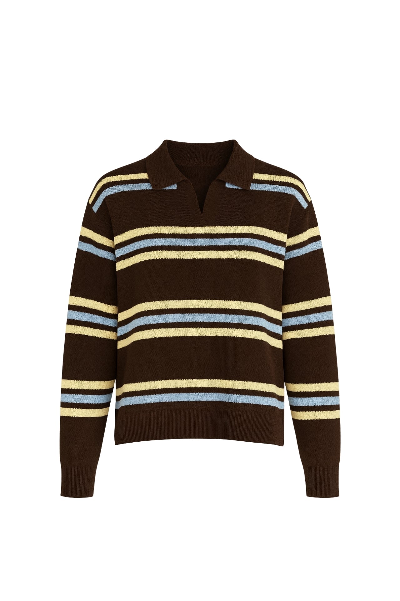 Striped Polo Collar Brown Knit Sweater