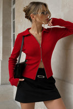 Polo Collar Double Zip-Up Red Knit Blouse