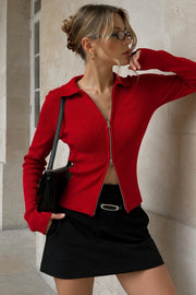 Polo Collar Double Zip-Up Red Knit Blouse