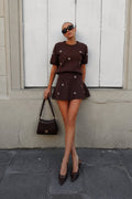 Stone Detail Half Sleeve Blouse Pleated Mini Skirt Two-Piece Brown Set