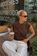 Ruched Shoulder Sleeveless Brown Blouse