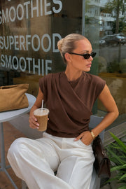 Shoulder-Gathered Sleeveless Brown Blouse