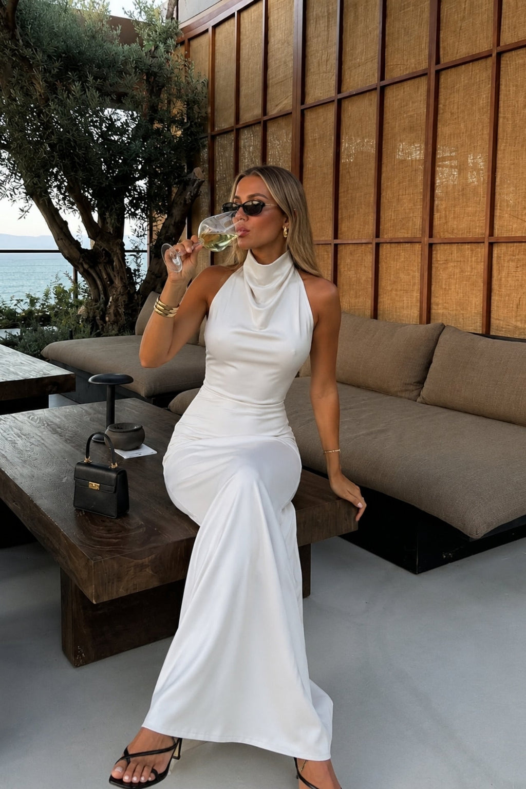 Cowl Neck Maxi White Satin Dress