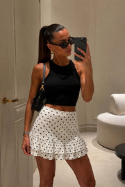 Ruffle Detail Polka Dot White Mini Skirt