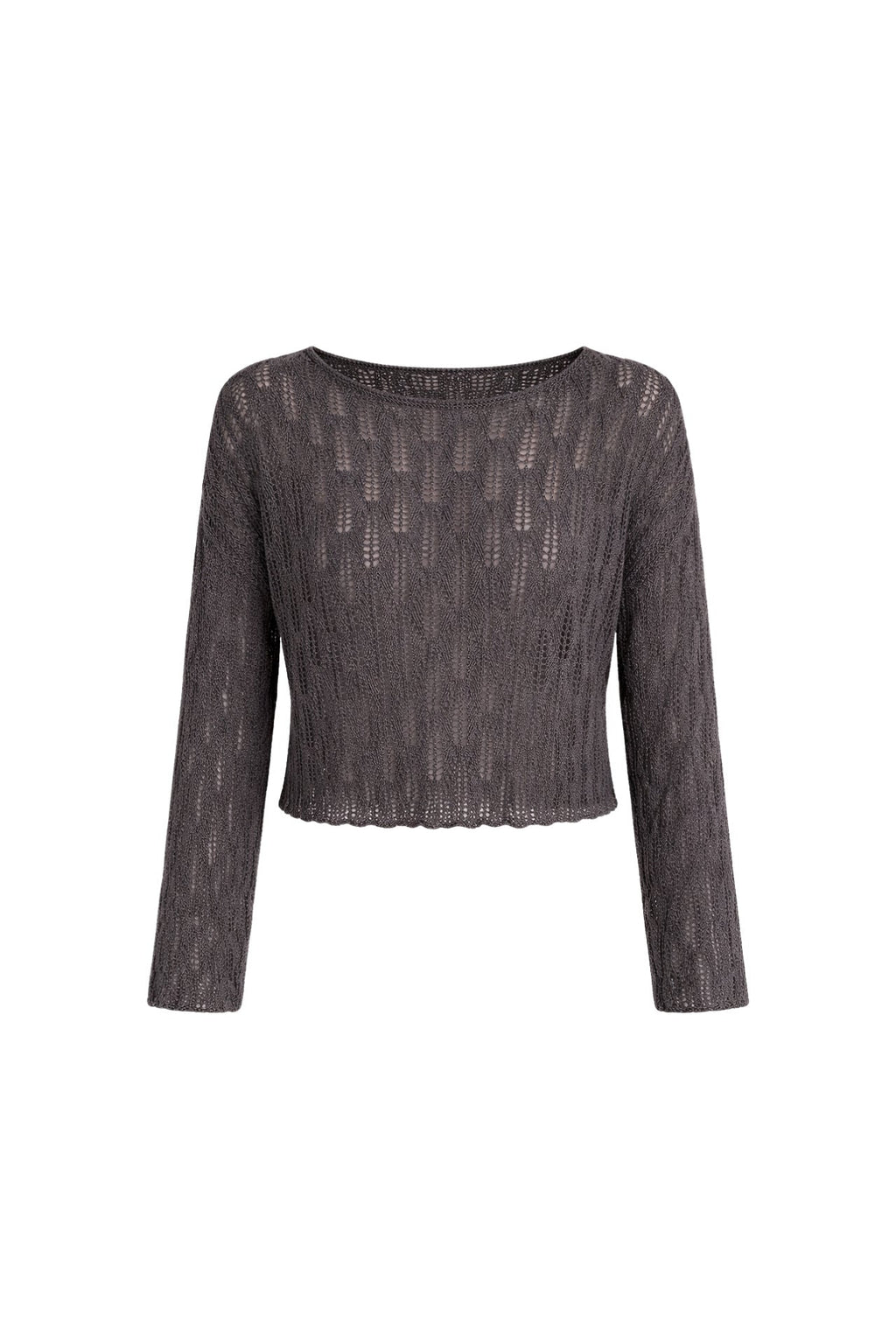 Boat Neck Open-Knit Brown Knit Blouse