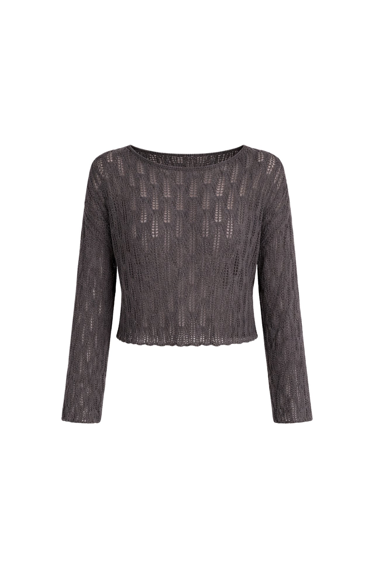 Boat Neck Open-Knit Brown Knit Blouse