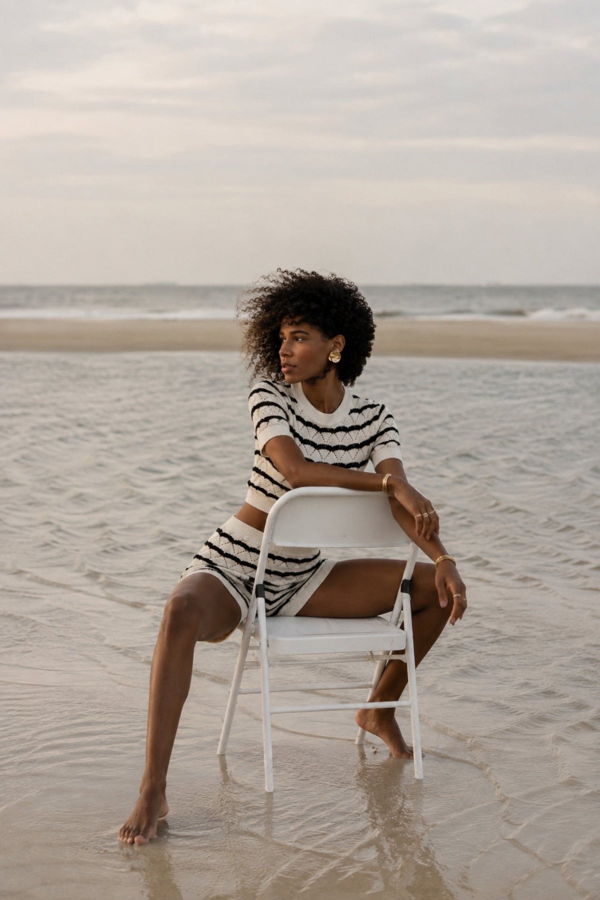 Striped Openwork Blouse Shorts Black and White Two-Piece Set