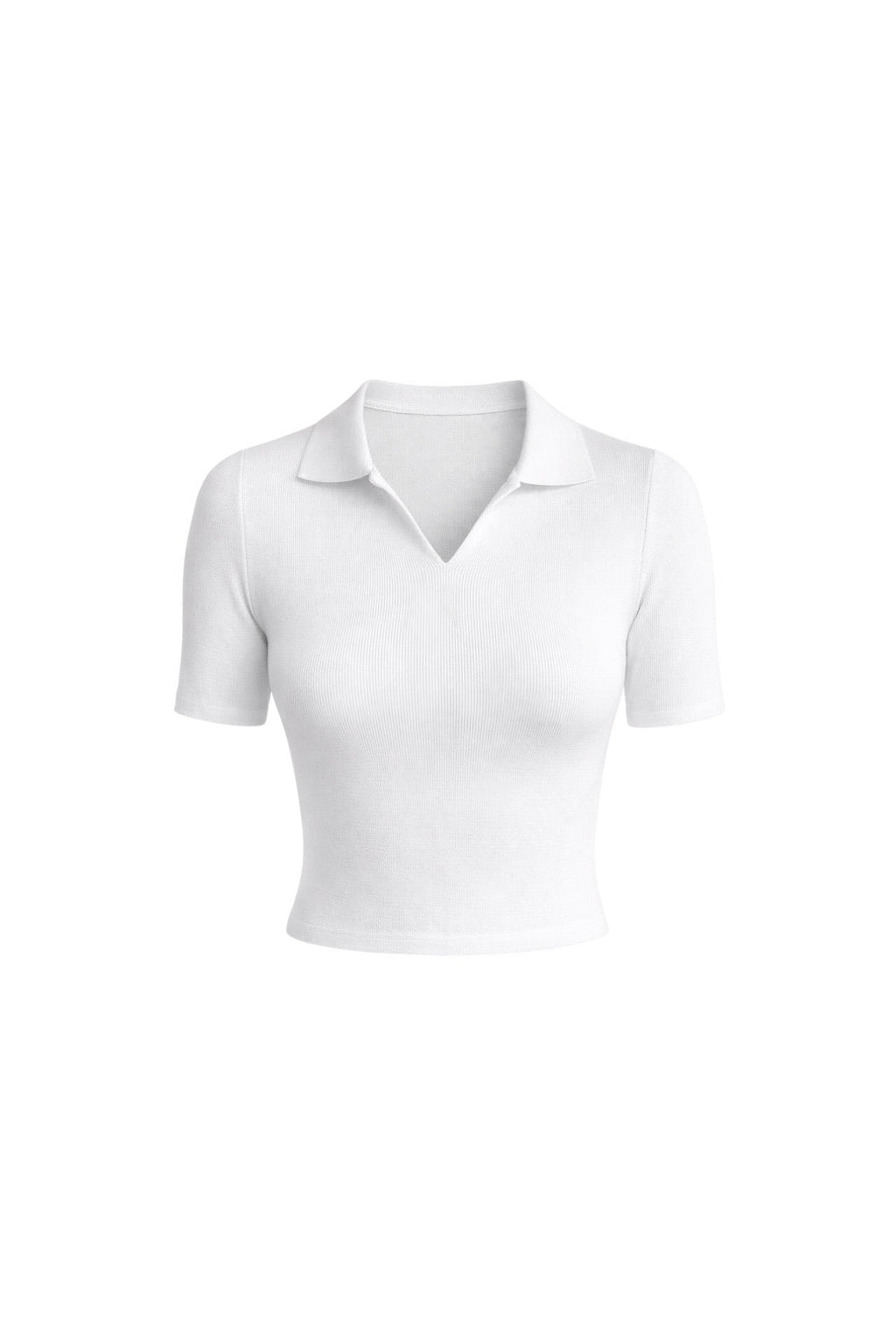 Polo Collar White Knit Crop Blouse