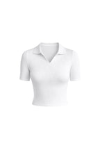Polo Collar White Knit Crop Blouse