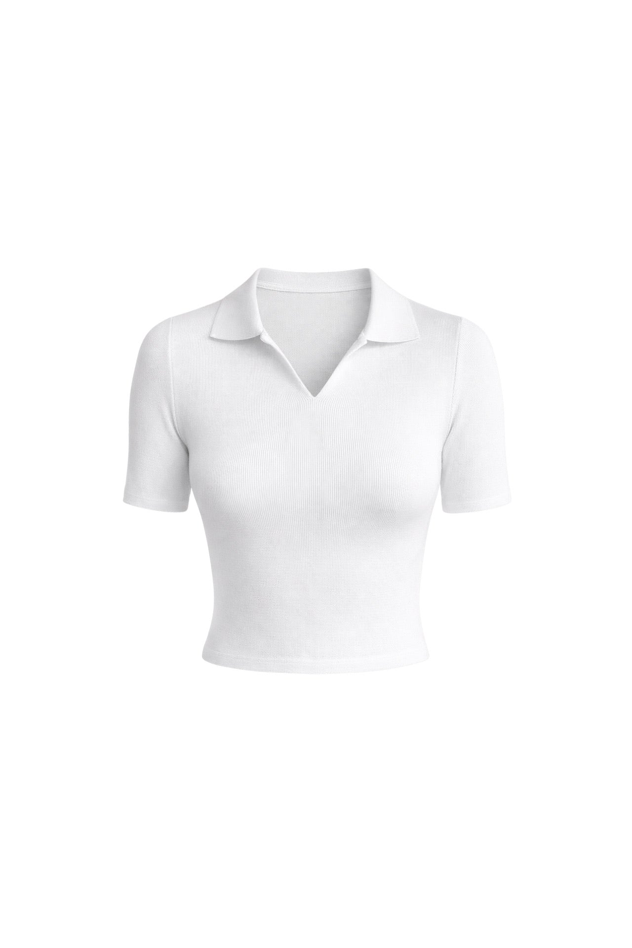 Polo Collar White Knit Crop Blouse