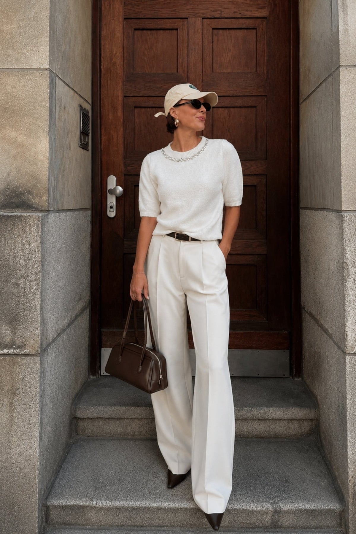 Neck Stone Embellished Half-Sleeve Textured White Blouse