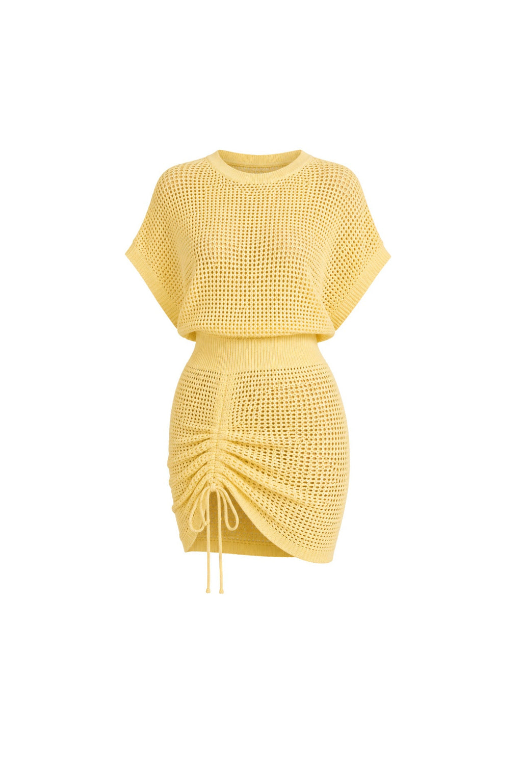 Boat Neck Skirt Ruched Detail Openwork Yellow Dress