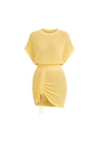 Boat Neck Skirt Ruched Detail Openwork Yellow Dress