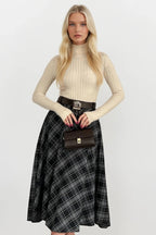 Belted Maxi Length Black Plaid Skirt
