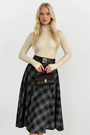 Arched Maxi Length Black Plaid Skirt