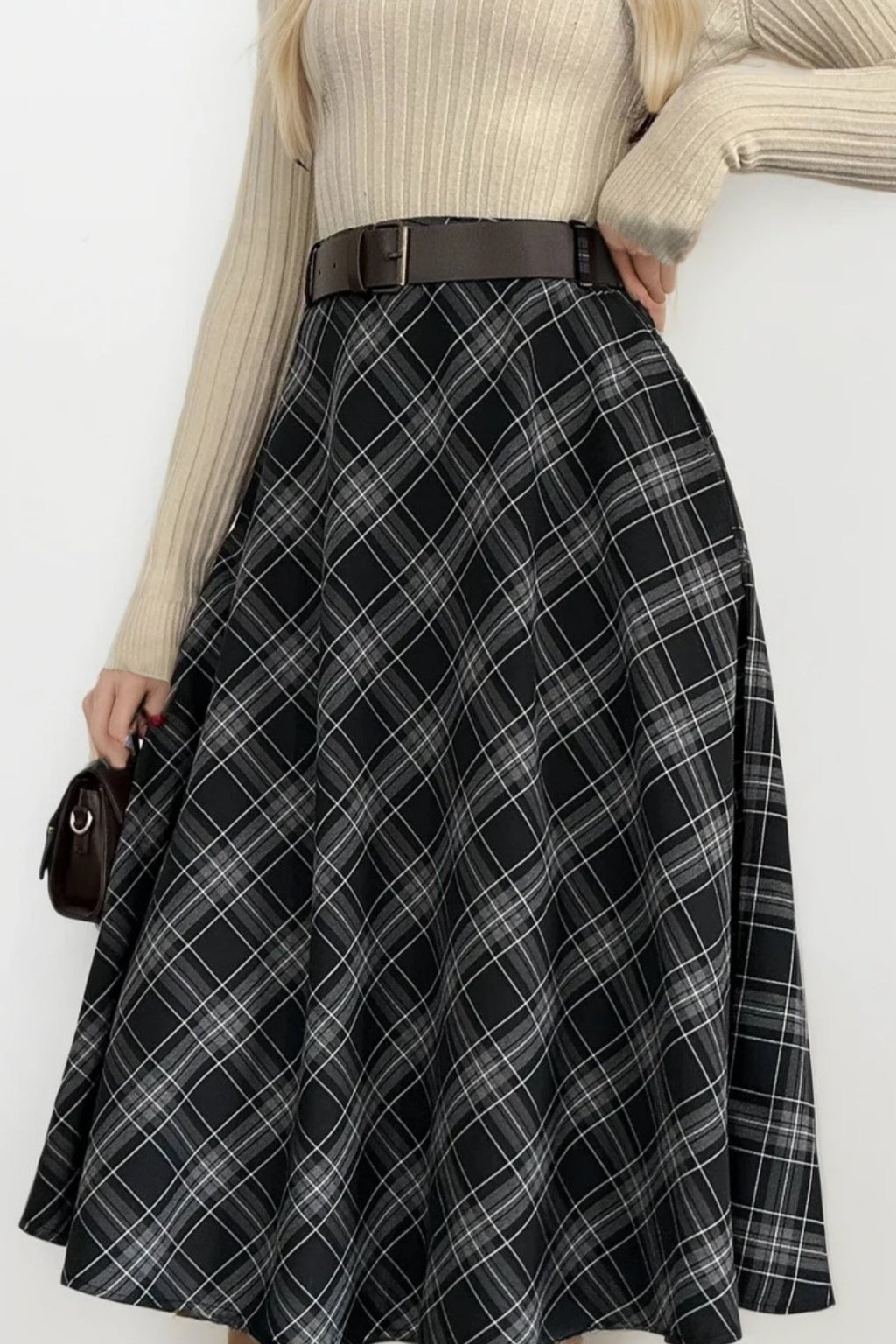 Belted Maxi Length Black Plaid Skirt